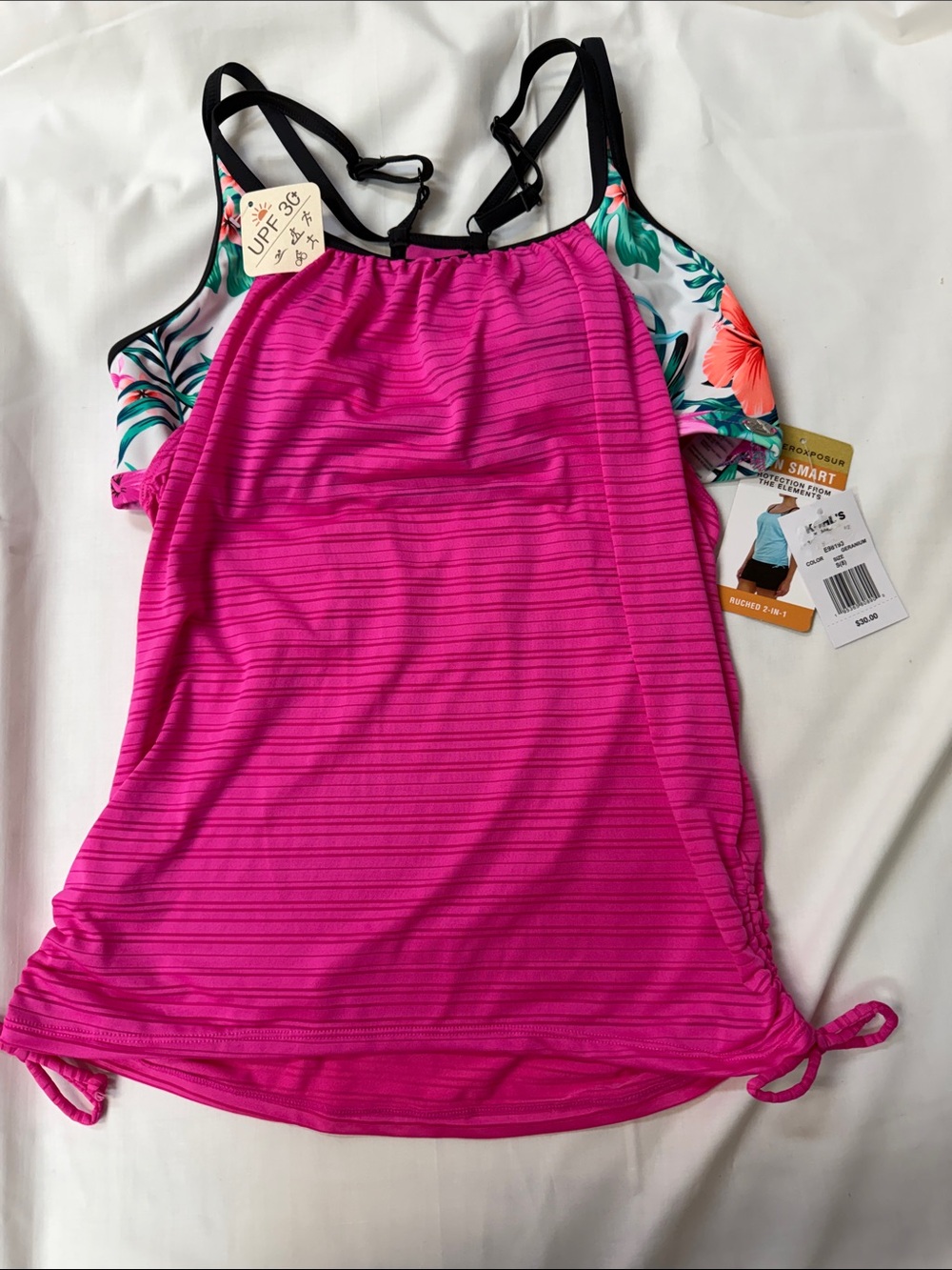 ZeroXposur Blue Ruched 2-in-1 Tankini Top size Small. Inset bra, adj. straps NWT